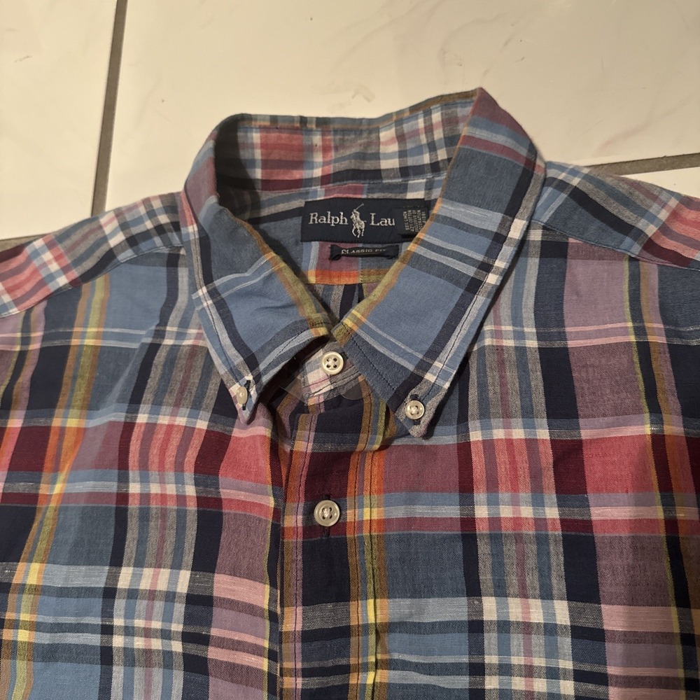 VTG Ralph Lauren Men's Indian Madras Plaid Shirt Classic Fit Linen Cotton Sz XL